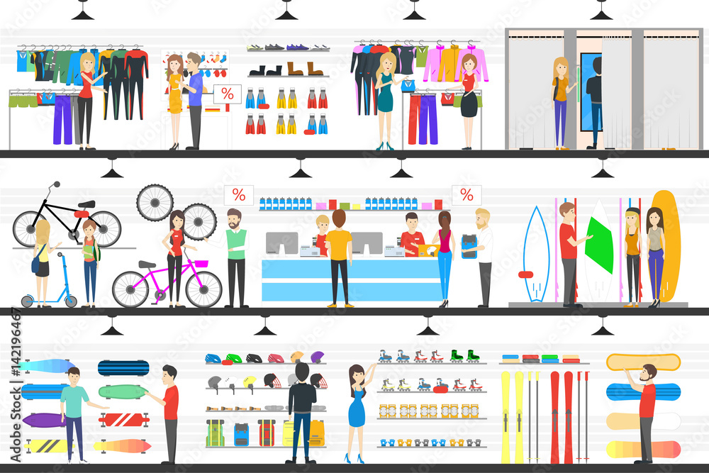 Interior Store of goods for extreme sports. vector illustration