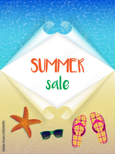 summer background with sea and sand and the words "summer sale"