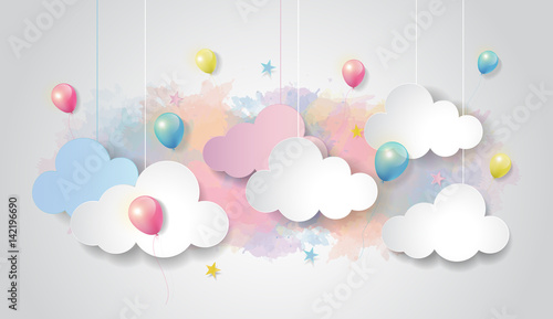 Colorful balloon and cloud on watercolor sky background, paper cut design style, vector illustration.