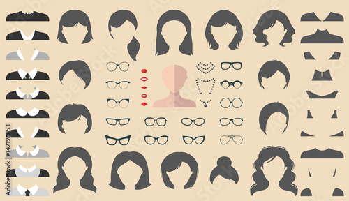Vector set of dress up constructor with different woman haircuts, glasses etc. in flat style. Female faces icon creator.