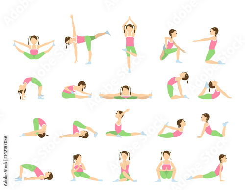 Yoga for kids. Isolated poses and asanas for children on white background.