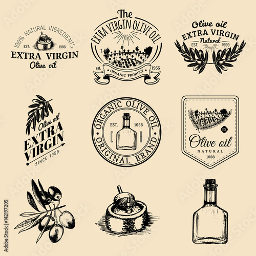 Vector set of vintage natural olive production logos. Retro hand sketched extra virgin oil signs with farm elements.
