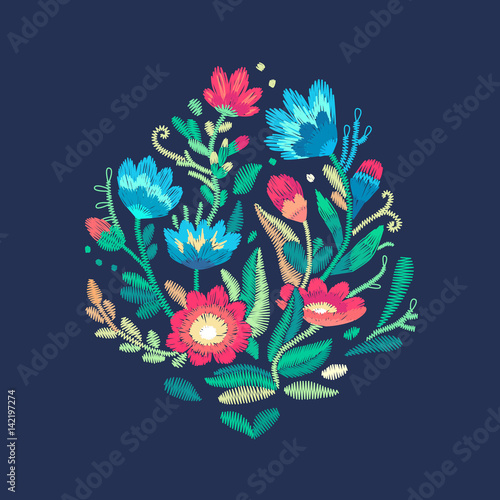 Vector fashion embroidery imitation for print. Stitched ethnic design with flowers and leafs.