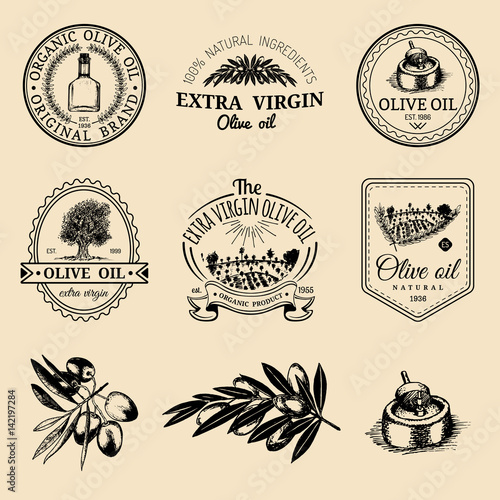 Vector set of vintage natural olive production logos. Retro hand sketched extra virgin oil signs with farm elements.