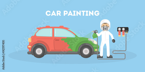 Specialist spray painting auto body at car collision repair shop. Flat style vector illustration isolated on white background.