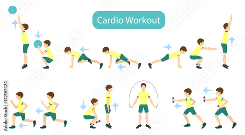 Exercises for kids set. Workout for boy. Cardio exercises with weights, jumping rope and ball. Healthy lifestyle for children.