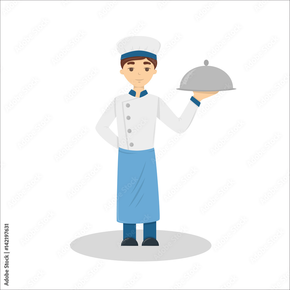 Isolated man chef on white background. Cook in uniform and hat holds the dish. Isolated man chef on white background. Cook in uniform and hat holds the dish.