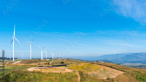 Wind Turbines On Blue Sky wind power plant Electricity background