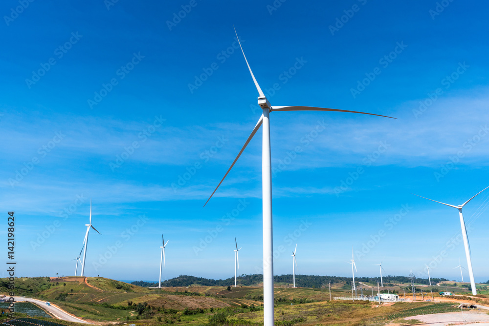 Wind Turbines On Blue Sky wind power plant Electricity background