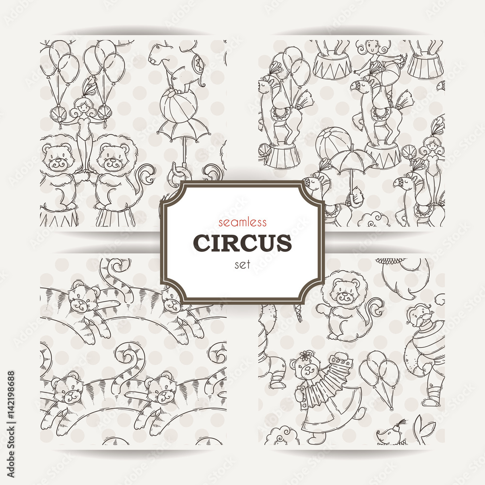 Set of doodle seamless patterns with circus animals and artists.