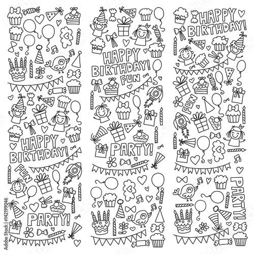 Vector kids party Coloring page Children birthday icons in doodle style Illustration with children  candy  balloon  boys  girls