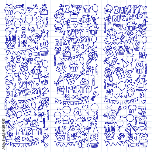 Vector kids party Notepad paper Children birthday icons in doodle style Illustration with children, candy, balloon, boys, girls