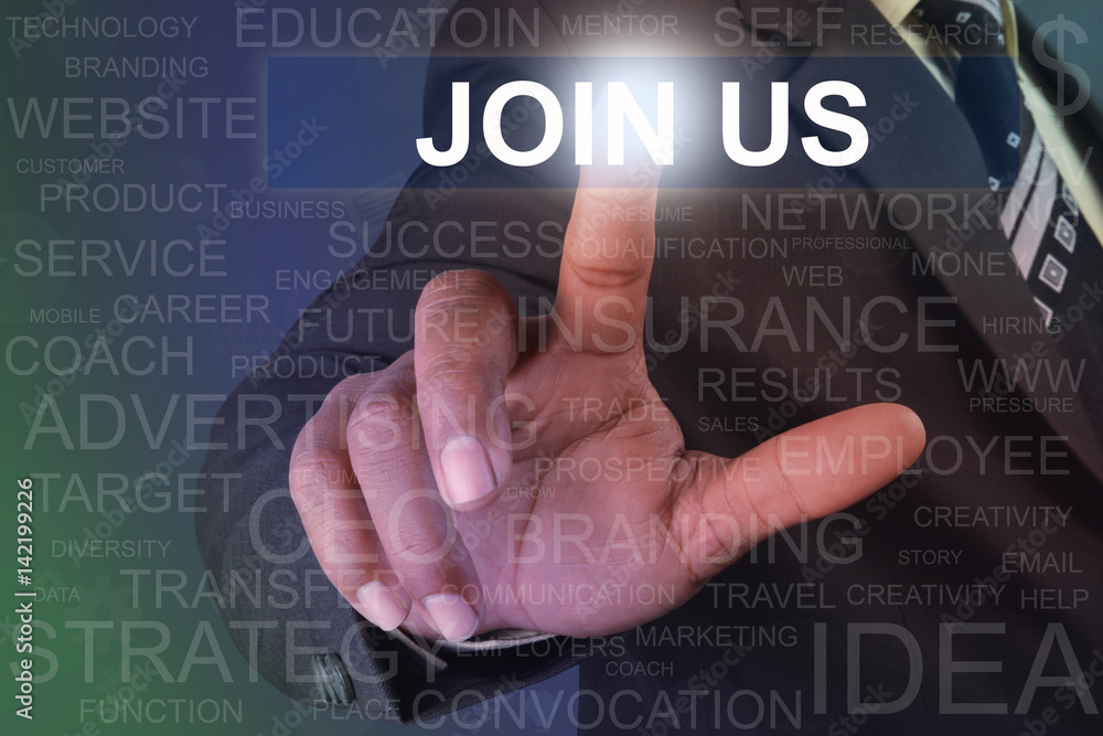 Businessman touching join us button on virtual screen Businessman touching join us button on virtual screen