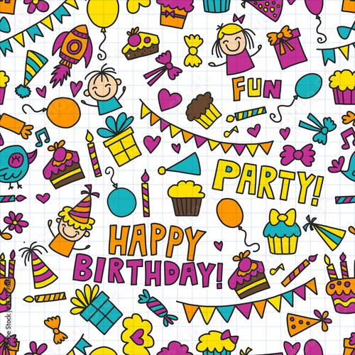 Vector kids party Children birthday icons in doodle style Illustration with children, candy, balloon, boys, girls