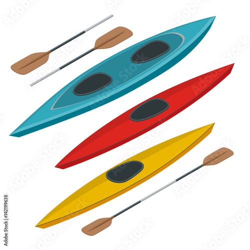 Rafting and kayaking icons collection. Isometric plastic kayak water recreational, touring or travel transport. Flat 3d illustration for infographics and design