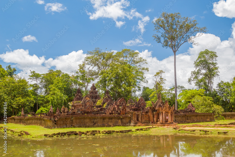 Ancient ruins of small beautiful Banteay Srei Temple.