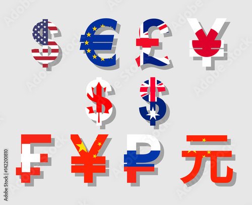 Flat vector with flag and shadow currency symbols icon set of USA, Canada, Australia, Britain, EU, Russia, China, Japan