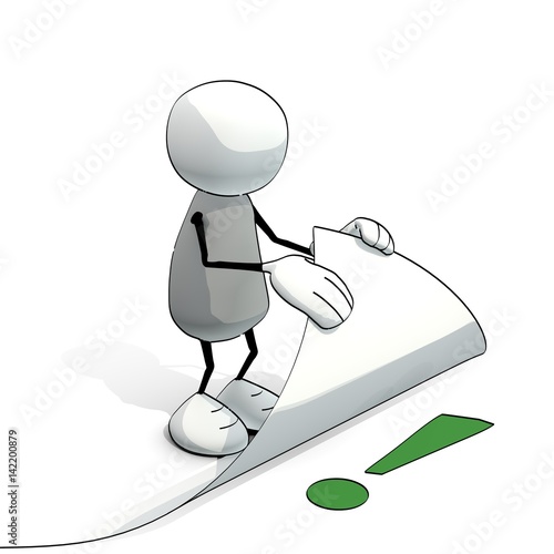 little sketchy man turning white paper page - green exclamation mark