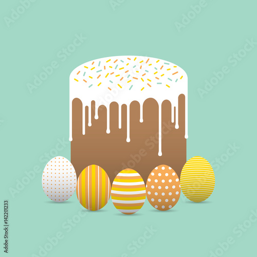 Decorated easter eggs with easter cake