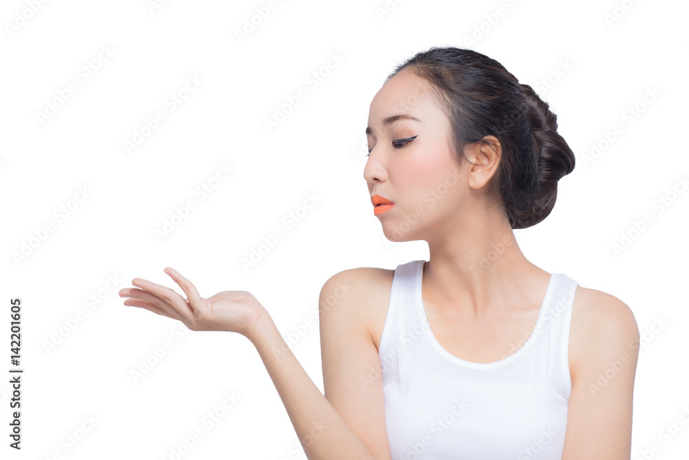 Beauty spa woman with perfect face skin Portrait. Beautiful Spa Girl showing empty copy space on the open hand palm for text. Proposing a product. Isolated on white background Beauty spa woman with perfect face skin Portrait. Beautiful Spa Girl showing empty copy space on the open hand palm for text. Proposing a product. Isolated on white background