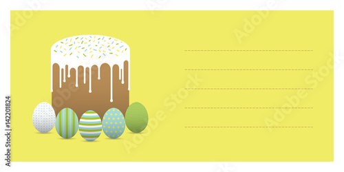 Painted eggs with easter cake. Banner, greeting card, flyer or invitation. Place your text
