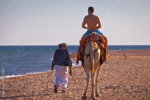 Fototapeta samoprzylepna Wakacje w Egipcie. Przejażdżka wielbłądem po plaży