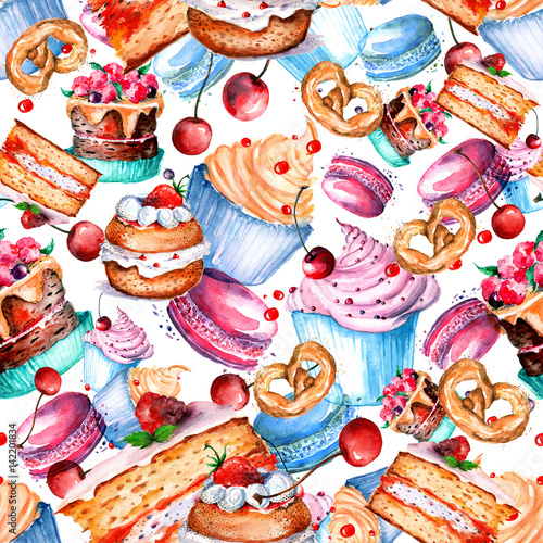  Seamless vintage pattern with watercolor. Vintage drawing - cakes, desserts, macaroon, Piece, cake, biscuit, cream, berries. Done in hand-made graphics with watercolors.