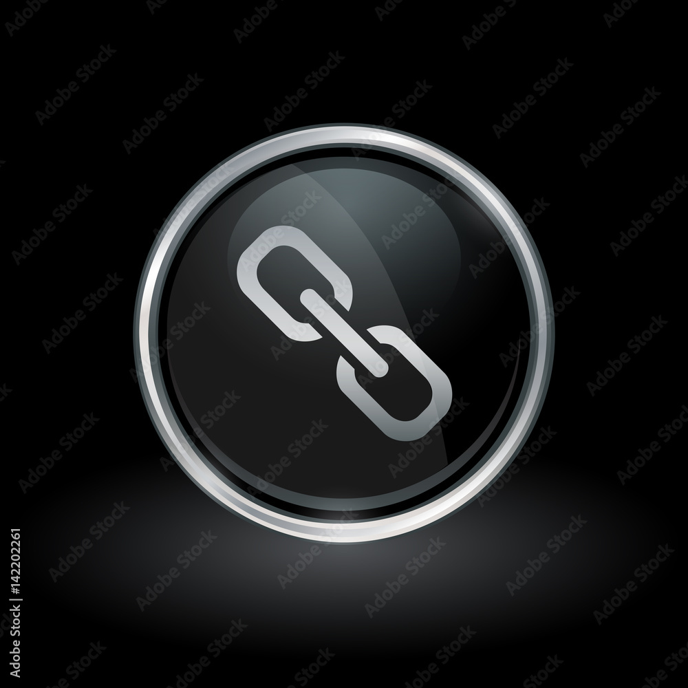 Link symbol with chain icon inside round chrome silver and black button emblem on black background. Vector illustration. Link symbol with chain icon inside round chrome silver and black button emblem on black background. Vector illustration.