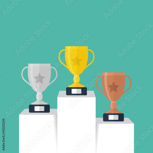 Gold, Silver and Bronze Trophy Cup on prize podium. First place award. Champions or winners Infographic elements isolated on white background. Vector illustration.