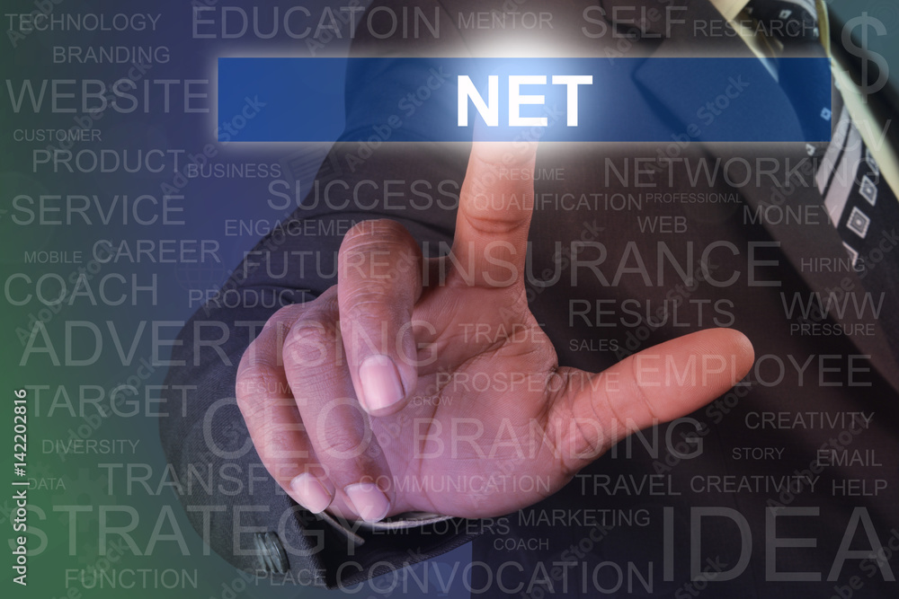Businessman touching net button on virtual screen Businessman touching net button on virtual screen