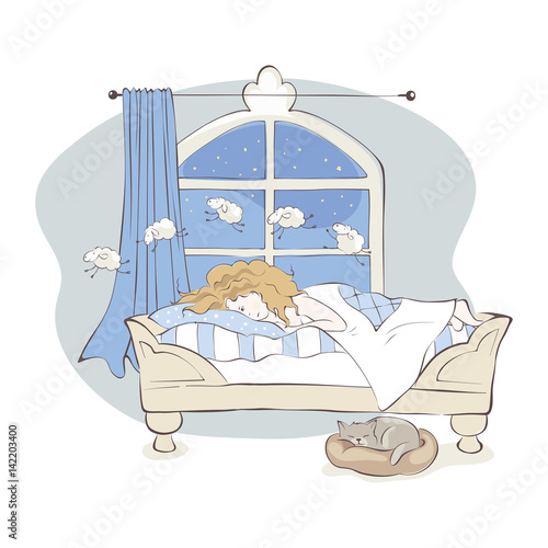 Insomnia / Girl can not fall asleep and considers sheep, vector illustration
