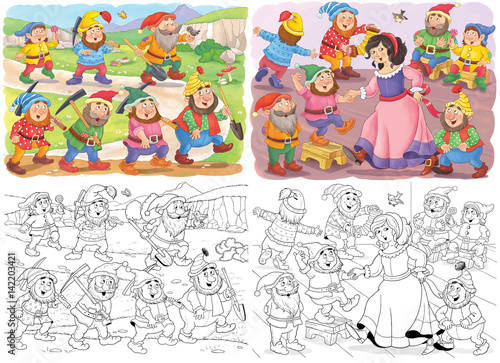 Snow White and the seven dwarfs. Fairy tale. Coloring page. Illustration for children. Cute and funny cartoon characters