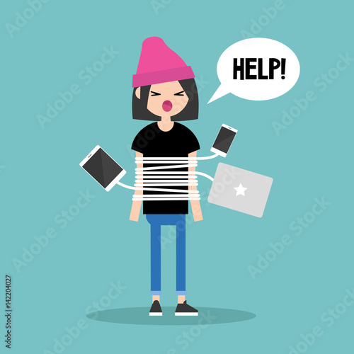 New technologies addiction. Young brunette girl tied up with charging wires / flat editable vector illustration, clip art