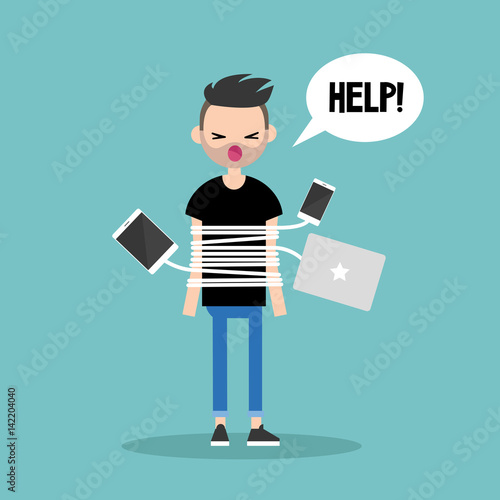 New technologies addiction. Young bearded man tied up with charging wires / flat editable vector illustration, clip art