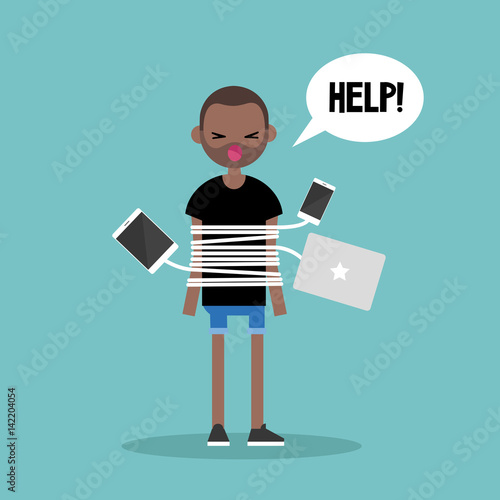 New technologies addiction. Young black man tied up with charging wires / flat editable vector illustration, clip art