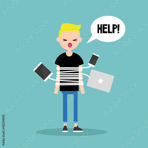 New technologies addiction. Young blond boy tied up with charging wires / flat editable vector illustration, clip art