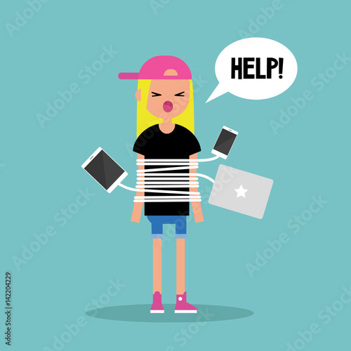 New technologies addiction. Young blond girl tied up with charging wires / flat editable vector illustration, clip art