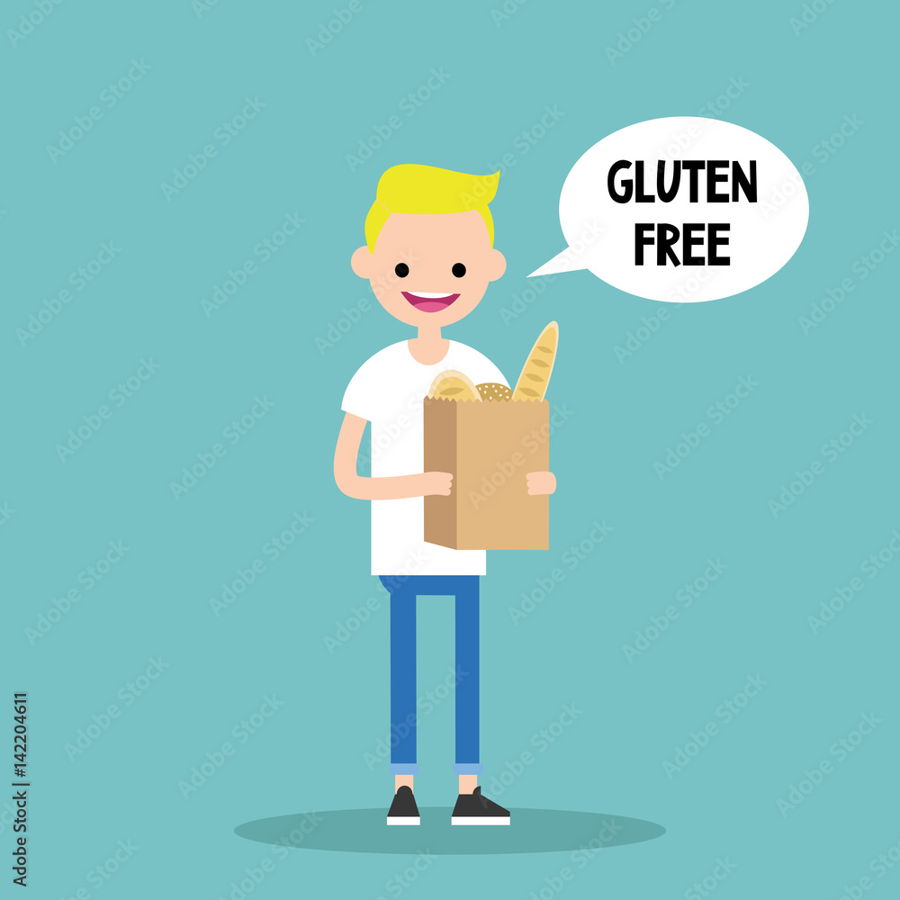 Young blond boy holding a paper bag with gluten free bread / flat editable vector illustration, clip art Young blond boy holding a paper bag with gluten free bread / flat editable vector illustration, clip art