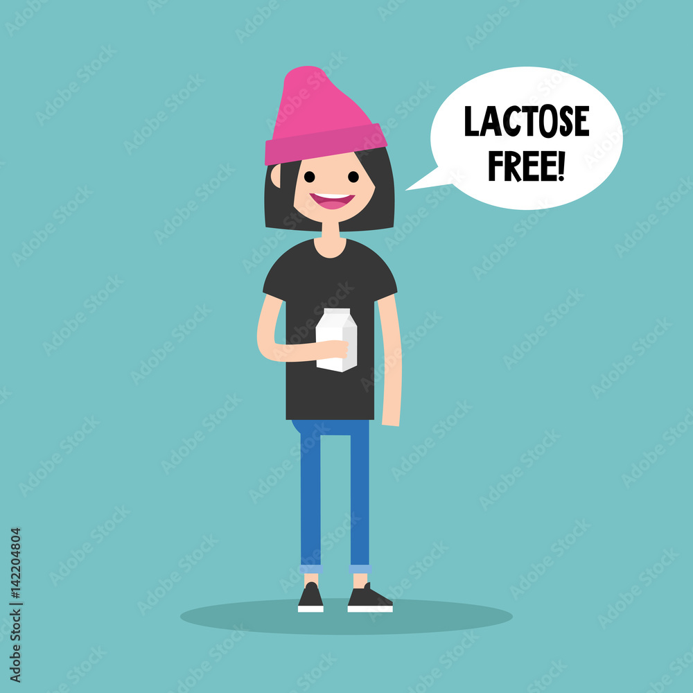 Young brunette girl holding a carton of lactose free milk / flat editable vector illustration, clip art Young brunette girl holding a carton of lactose free milk / flat editable vector illustration, clip art