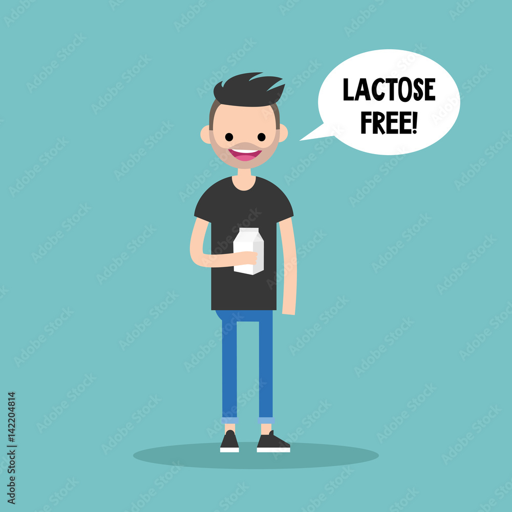 Young bearded man holding a carton of lactose free milk / flat editable vector illustration, clip art