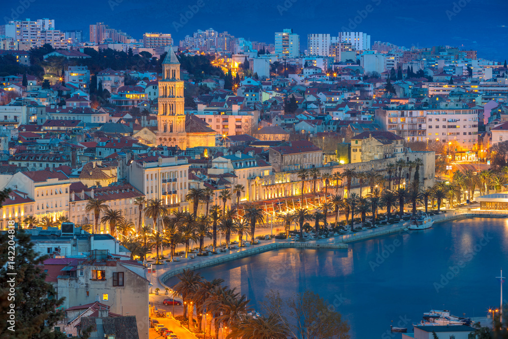 Split. Beautiful romantic old town of Split during twilight blue hour. Croatia,Europe.