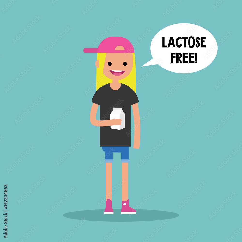 Young blond girl holding a carton of lactose free milk / flat editable vector illustration, clip art Young blond girl holding a carton of lactose free milk / flat editable vector illustration, clip art