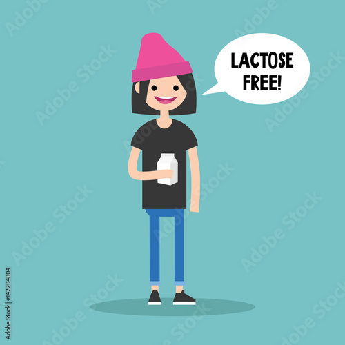 Young brunette girl holding a carton of lactose free milk / flat editable vector illustration, clip art