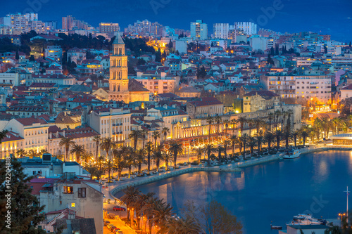 Split. Beautiful romantic old town of Split during twilight blue hour. Croatia,Europe. photo