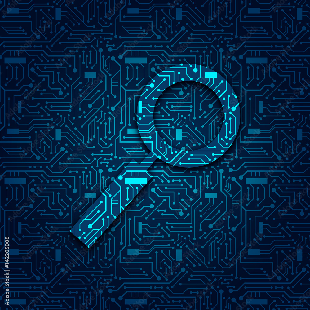 MAGNIFYING GLASS on Circuit Board background MAGNIFYING GLASS on Circuit Board background