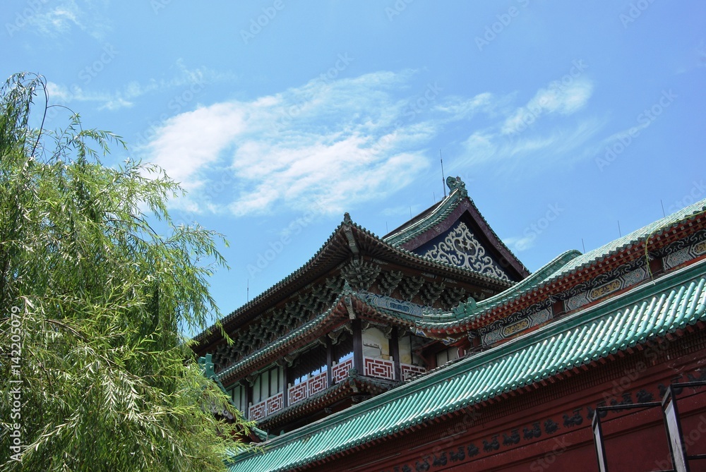 Up view of a Chinese traditional building against blue sky