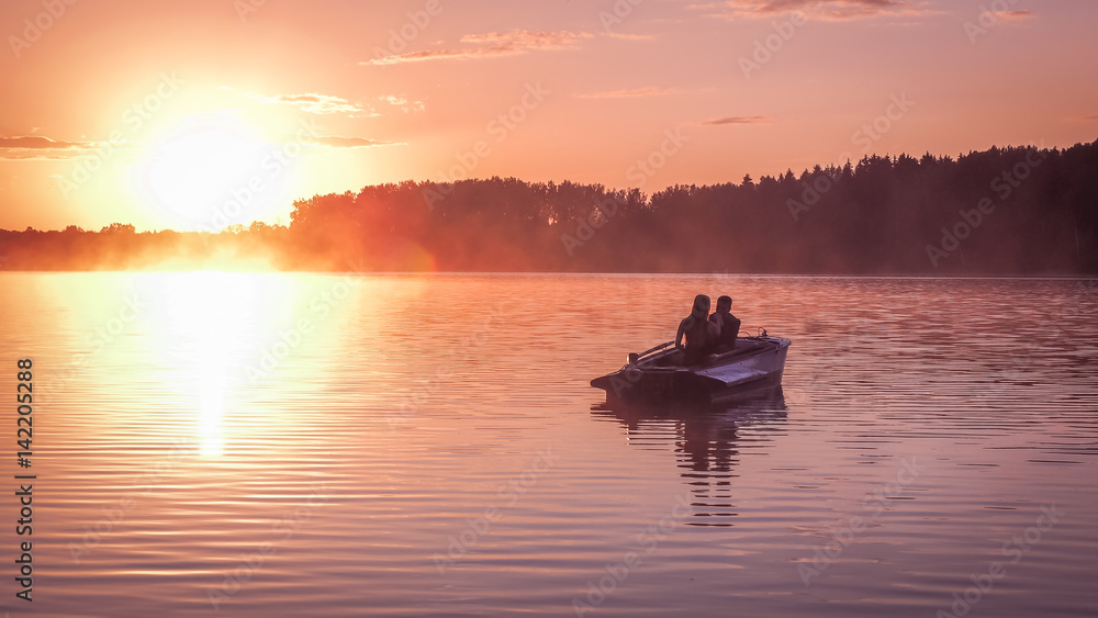 Romantic golden sunset river lake fog loving couple small rowing boat date beautiful Lovers ride during Happy woman man together relaxing water nature around