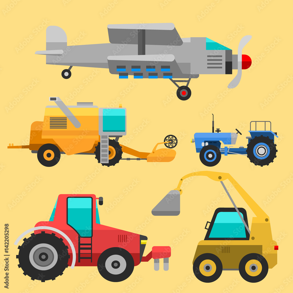 Agricultural vehicles and harvester machine combines and excavators icon set with accessories for plowing mowing, planting and harvesting vector illustration. Agricultural vehicles and harvester machine combines and excavators icon set with accessories for plowing mowing, planting and harvesting vector illustration.