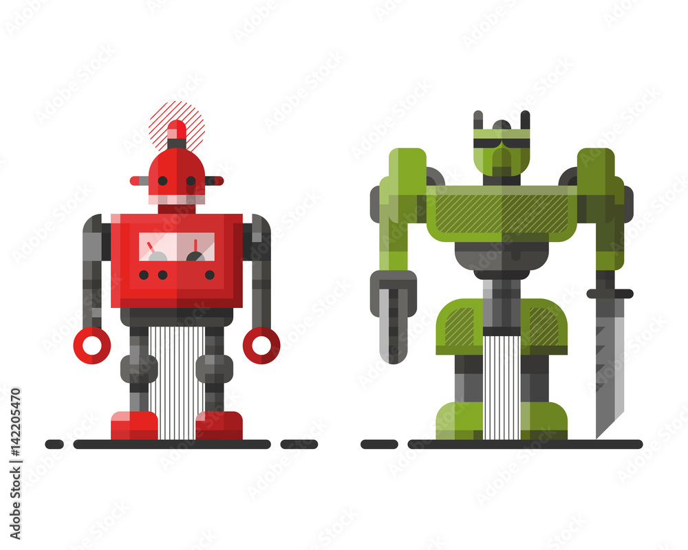 Cute vintage robot technology machine future science toy and cyborg futuristic design robotic element icon character vector illustration.