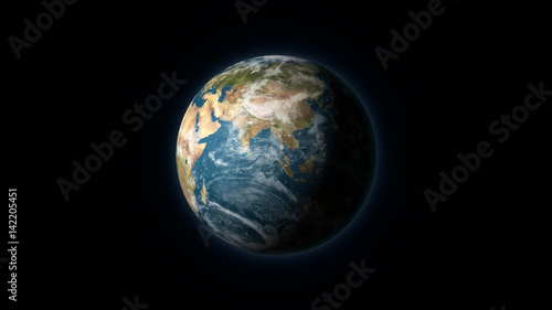 Realistic Earth centered on Asia on a black background